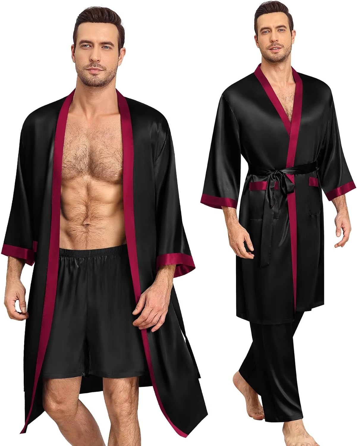 image:imageSWOMOG 3Pcs Mens Satin Robe Silk Satin Kimono Bathrobe with ShortsampPants Set Soft Lightweight NightwearBlack