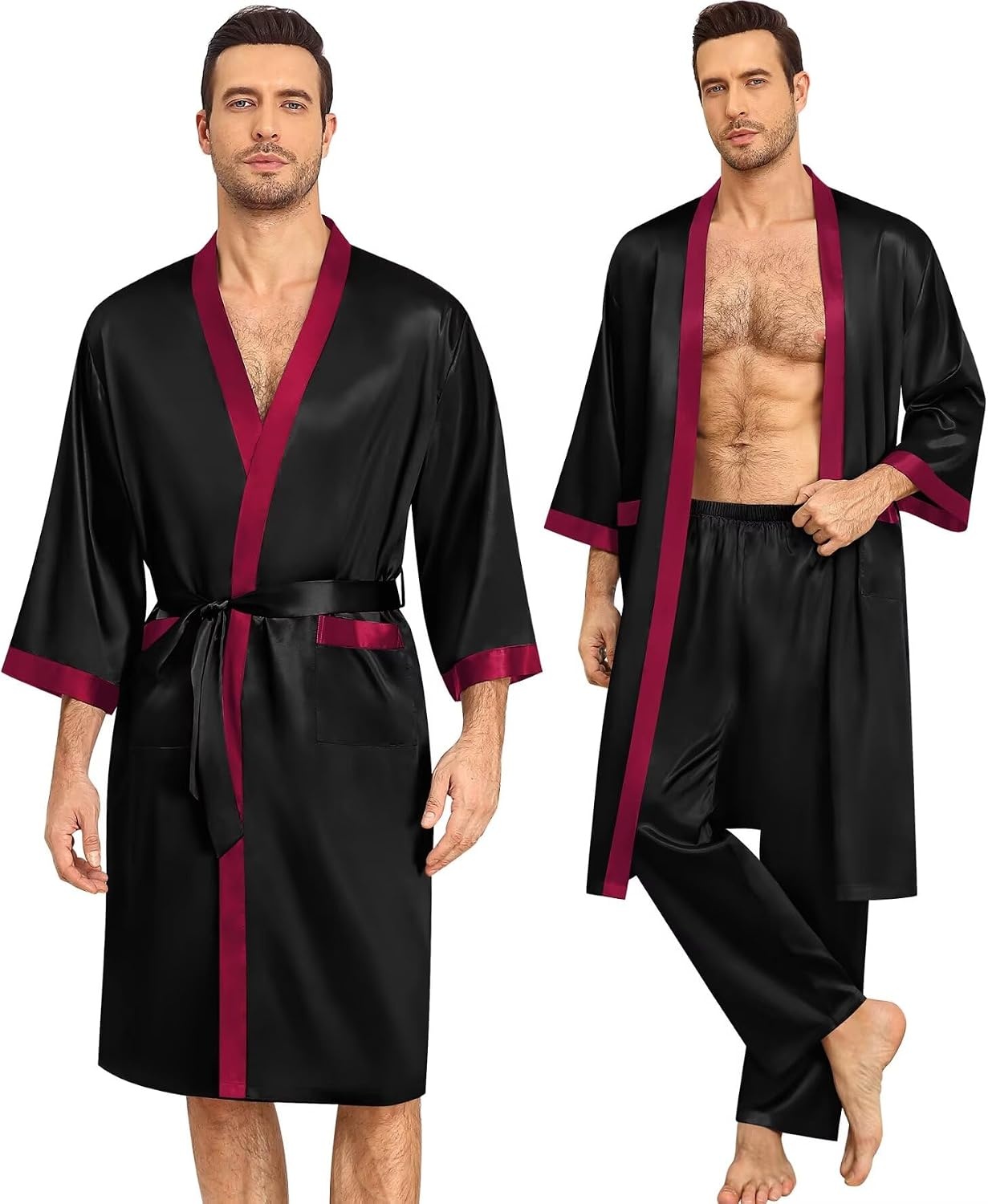 image:imageSWOMOG 3Pcs Mens Satin Robe Silk Satin Kimono Bathrobe with ShortsampPants Set Soft Lightweight NightwearBlack