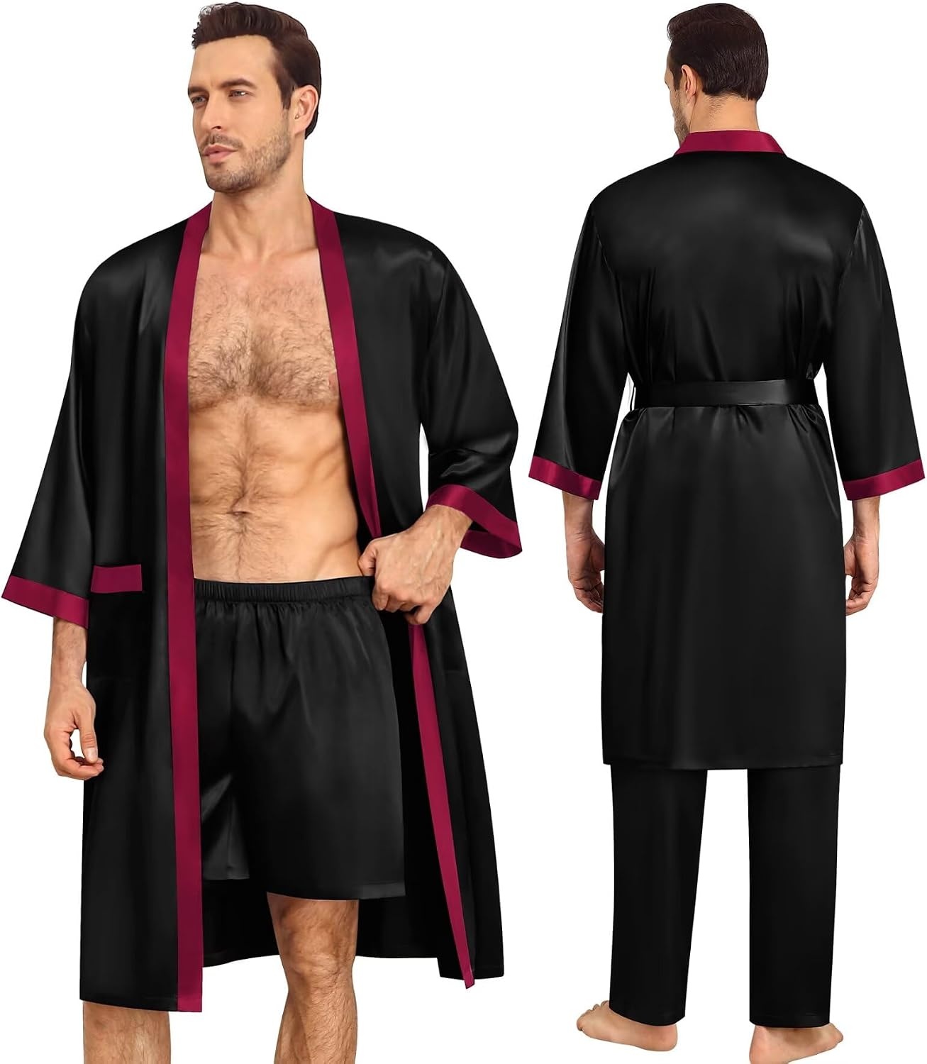 image:imageSWOMOG 3Pcs Mens Satin Robe Silk Satin Kimono Bathrobe with ShortsampPants Set Soft Lightweight NightwearBlack