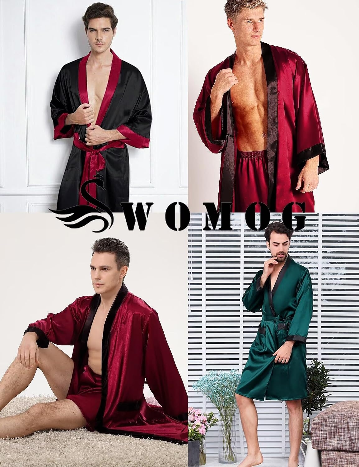 image:imageSWOMOG 3Pcs Mens Satin Robe Silk Satin Kimono Bathrobe with ShortsampPants Set Soft Lightweight NightwearBlack