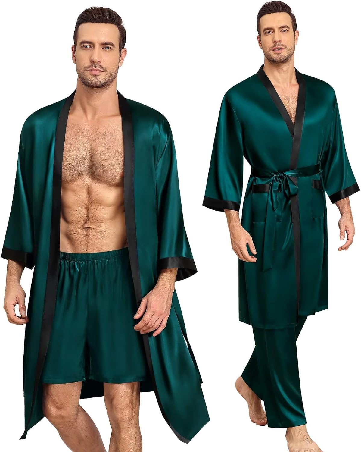 image:imageSWOMOG 3Pcs Mens Satin Robe Silk Satin Kimono Bathrobe with ShortsampPants Set Soft Lightweight NightwearDark Green