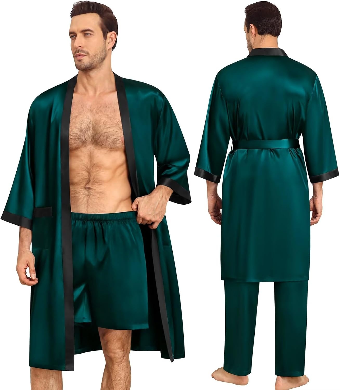 image:imageSWOMOG 3Pcs Mens Satin Robe Silk Satin Kimono Bathrobe with ShortsampPants Set Soft Lightweight NightwearDark Green