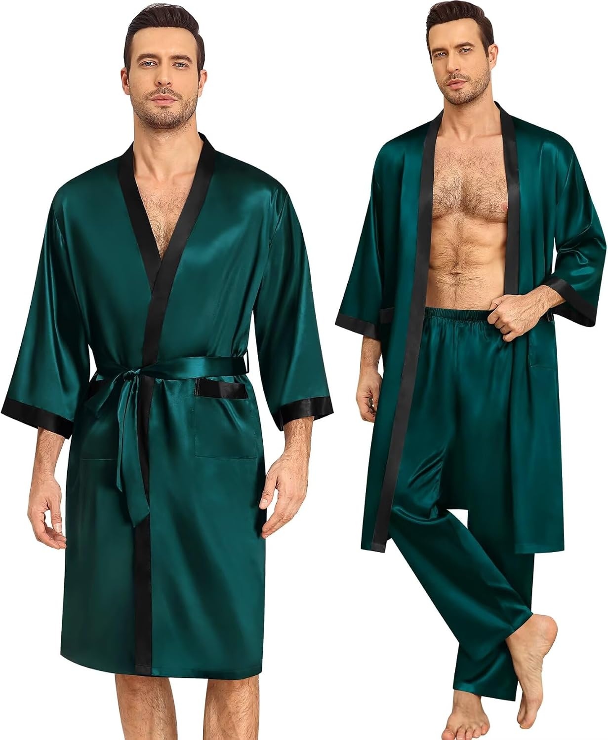image:imageSWOMOG 3Pcs Mens Satin Robe Silk Satin Kimono Bathrobe with ShortsampPants Set Soft Lightweight NightwearDark Green
