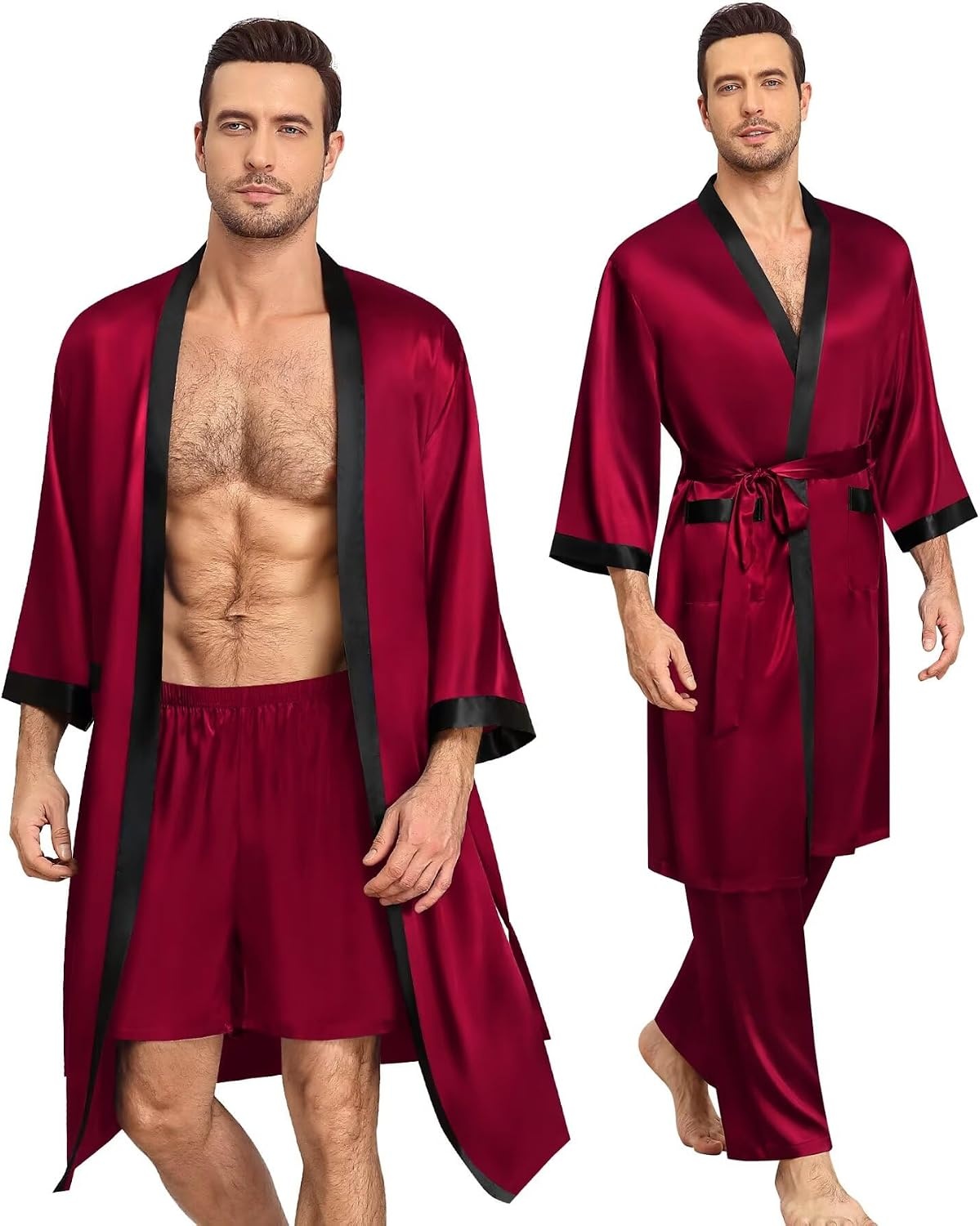 image:imageSWOMOG 3Pcs Mens Satin Robe Silk Satin Kimono Bathrobe with ShortsampPants Set Soft Lightweight NightwearDark Wine Red