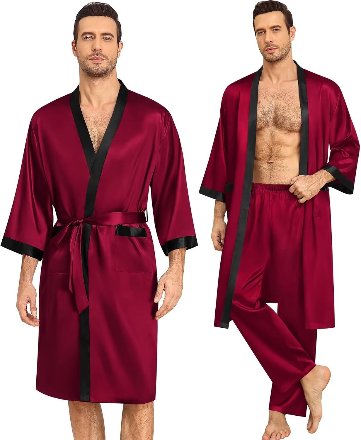 image:imageSWOMOG 3Pcs Mens Satin Robe Silk Satin Kimono Bathrobe with ShortsampPants Set Soft Lightweight NightwearDark Wine Red