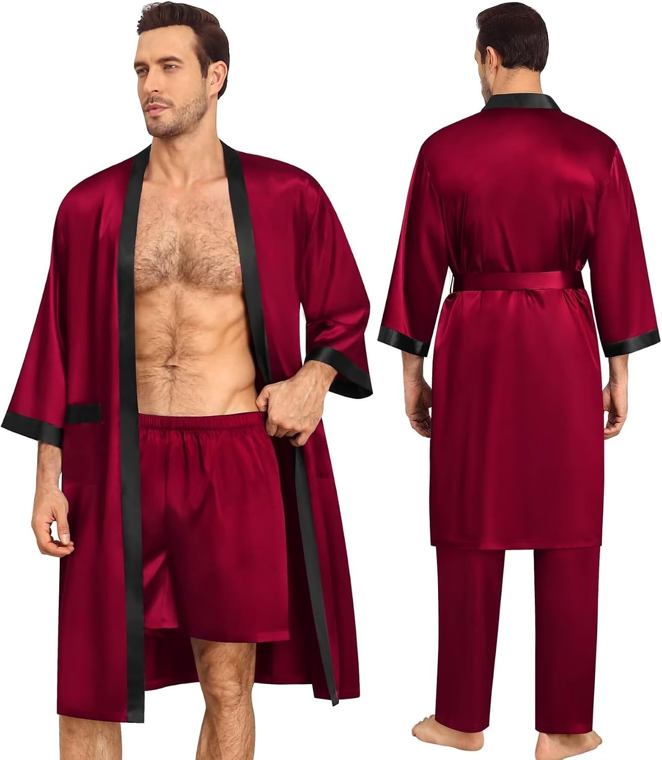 image:imageSWOMOG 3Pcs Mens Satin Robe Silk Satin Kimono Bathrobe with ShortsampPants Set Soft Lightweight NightwearDark Wine Red