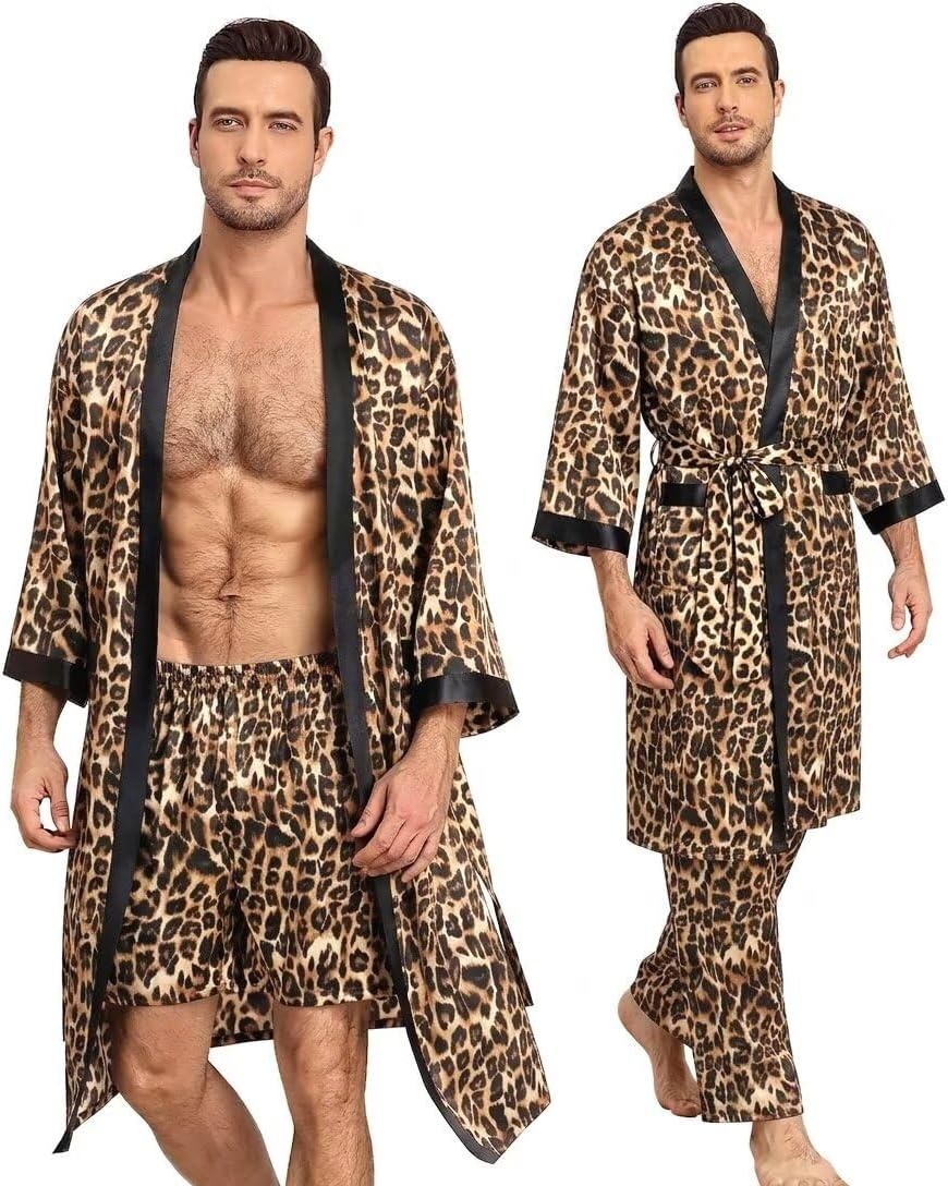 image:imageSWOMOG 3Pcs Mens Satin Robe Silk Satin Kimono Bathrobe with ShortsampPants Set Soft Lightweight NightwearLeopard Print