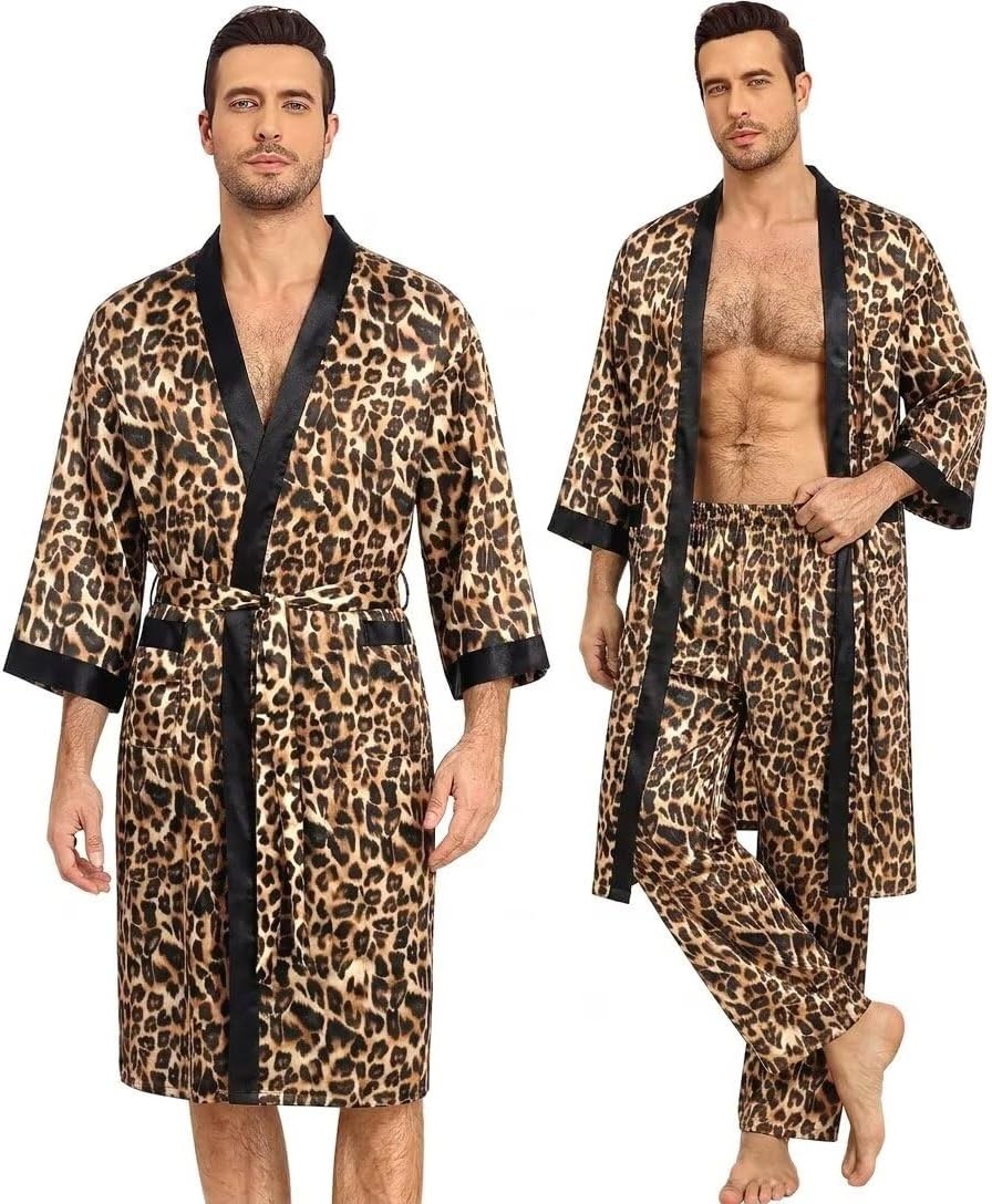 image:imageSWOMOG 3Pcs Mens Satin Robe Silk Satin Kimono Bathrobe with ShortsampPants Set Soft Lightweight NightwearLeopard Print