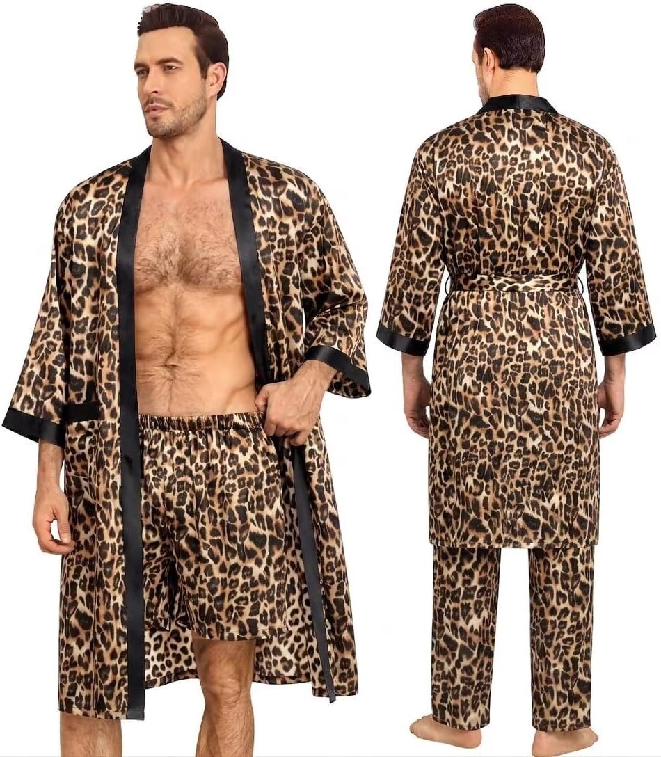 image:imageSWOMOG 3Pcs Mens Satin Robe Silk Satin Kimono Bathrobe with ShortsampPants Set Soft Lightweight NightwearLeopard Print