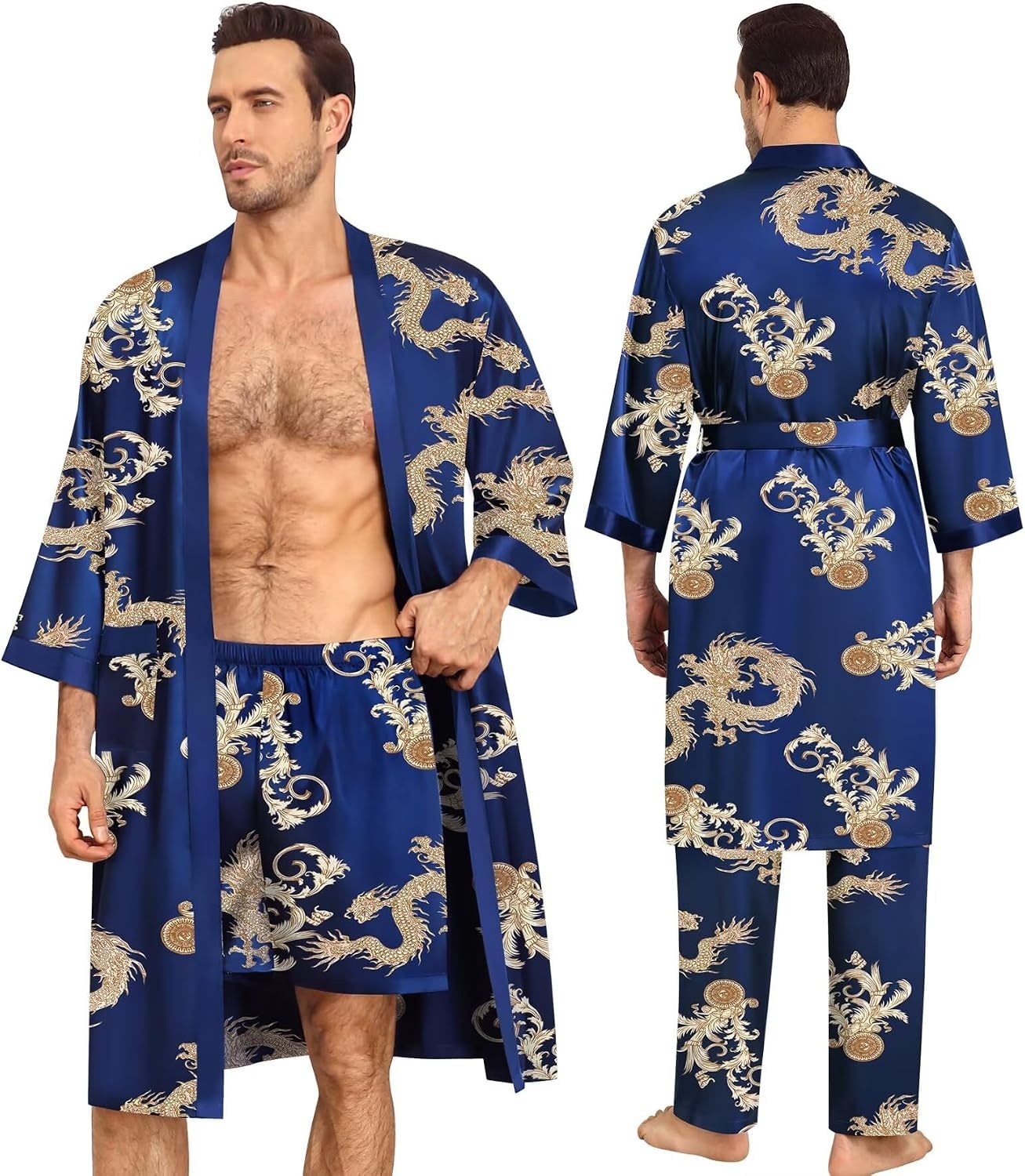 image:imageSWOMOG 3Pcs Mens Satin Robe Silk Satin Kimono Bathrobe with ShortsampPants Set Soft Lightweight NightwearNavy Blue Dragon