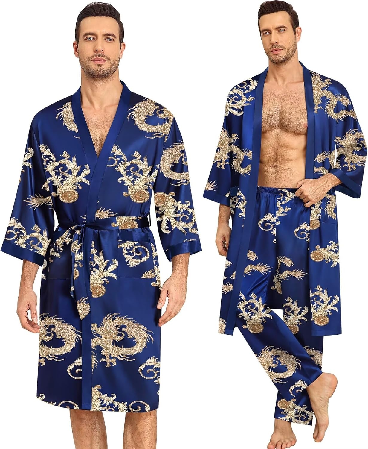 image:imageSWOMOG 3Pcs Mens Satin Robe Silk Satin Kimono Bathrobe with ShortsampPants Set Soft Lightweight NightwearNavy Blue Dragon