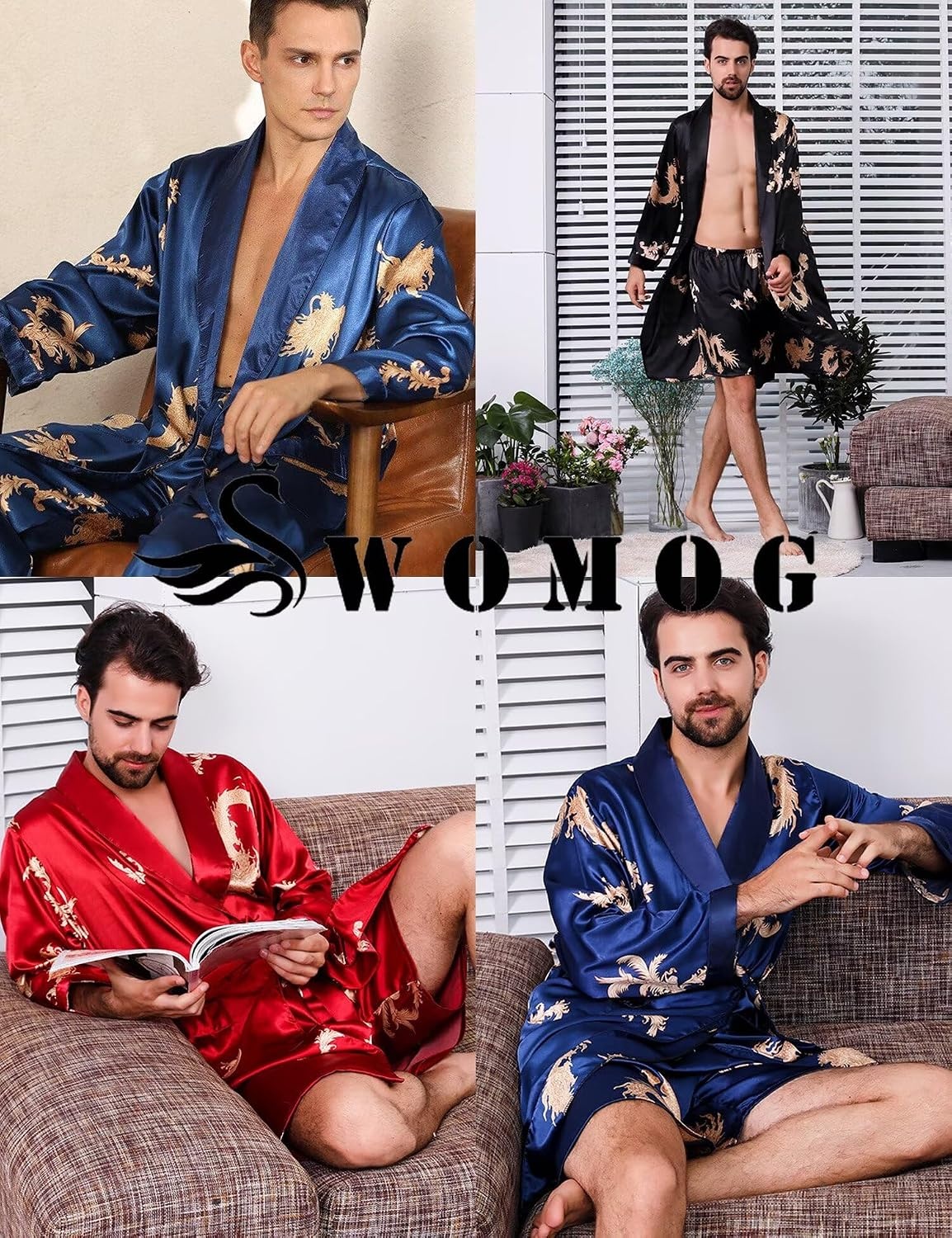 image:imageSWOMOG 3Pcs Mens Satin Robe Silk Satin Kimono Bathrobe with ShortsampPants Set Soft Lightweight NightwearNavy Blue Dragon