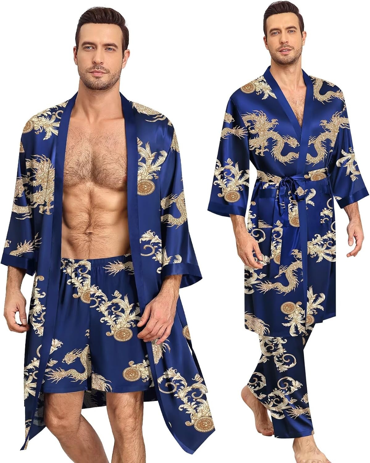 image:imageSWOMOG 3Pcs Mens Satin Robe Silk Satin Kimono Bathrobe with ShortsampPants Set Soft Lightweight NightwearNavy Blue Dragon