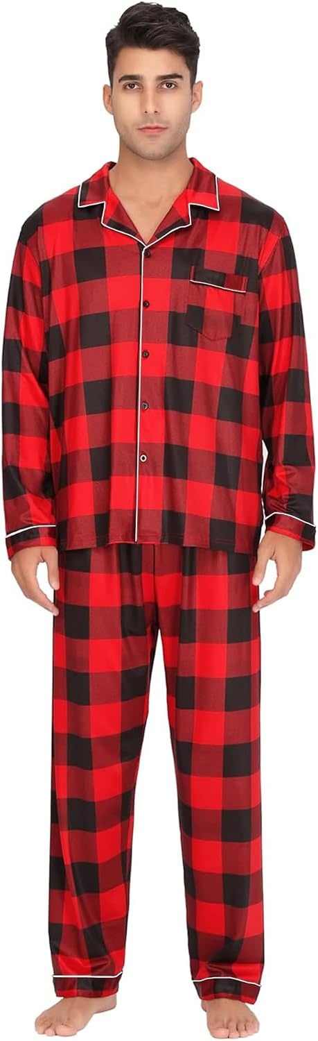 image:imageSWOMOG Christmas Red Buffalo Plaid Pajamas for Men Modal Long Sleeve Comfy Cotton Sleepwear Lightweight Soft Button Down Loungewear 2 Pcs Pj Set