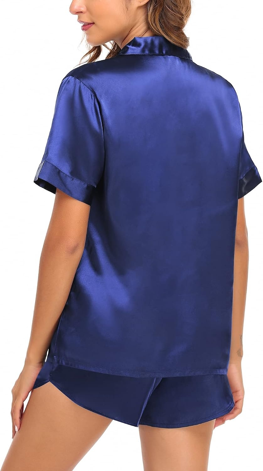 image:imageSWOMOG Couple Satin Matching Pajamas Sets Women amp Men Short Sleeve Sleepwear Silk Button Down Nightwear 2 Pieces LoungewearDark Navy Blue