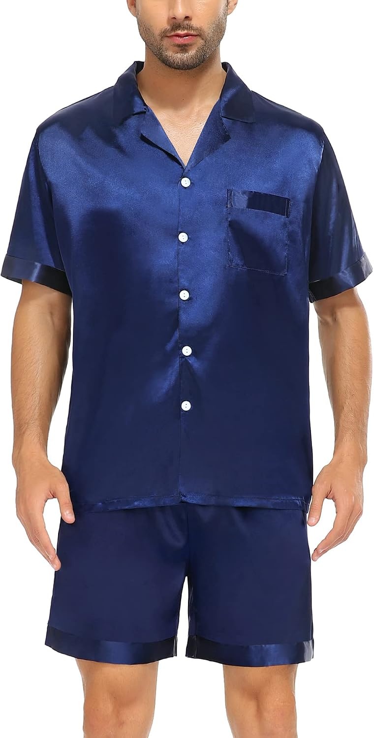 image:imageSWOMOG Couple Satin Matching Pajamas Sets Women amp Men Short Sleeve Sleepwear Silk Button Down Nightwear 2 Pieces LoungewearDark Navy Blue