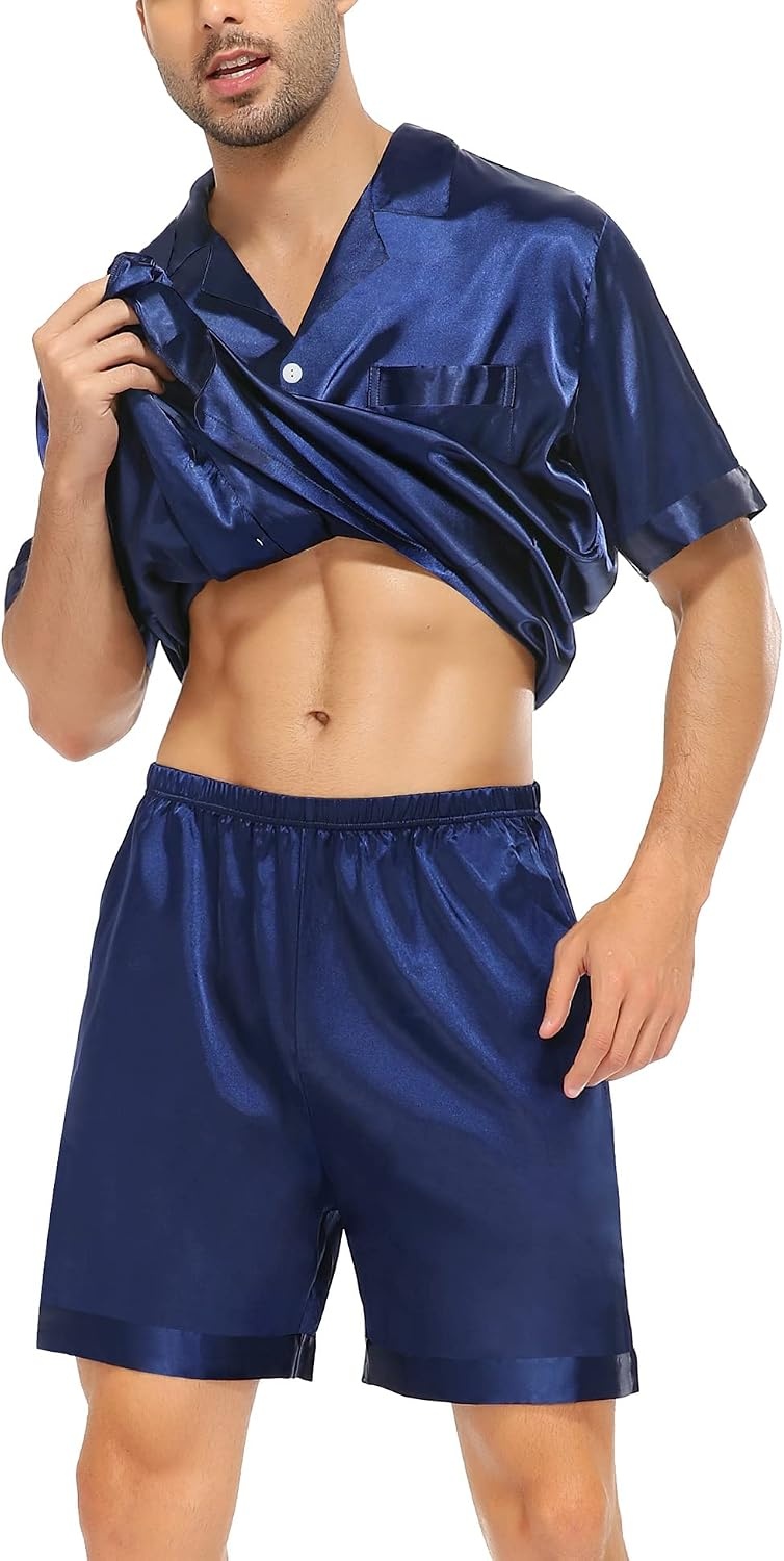 image:imageSWOMOG Couple Satin Matching Pajamas Sets Women amp Men Short Sleeve Sleepwear Silk Button Down Nightwear 2 Pieces LoungewearDark Navy Blue