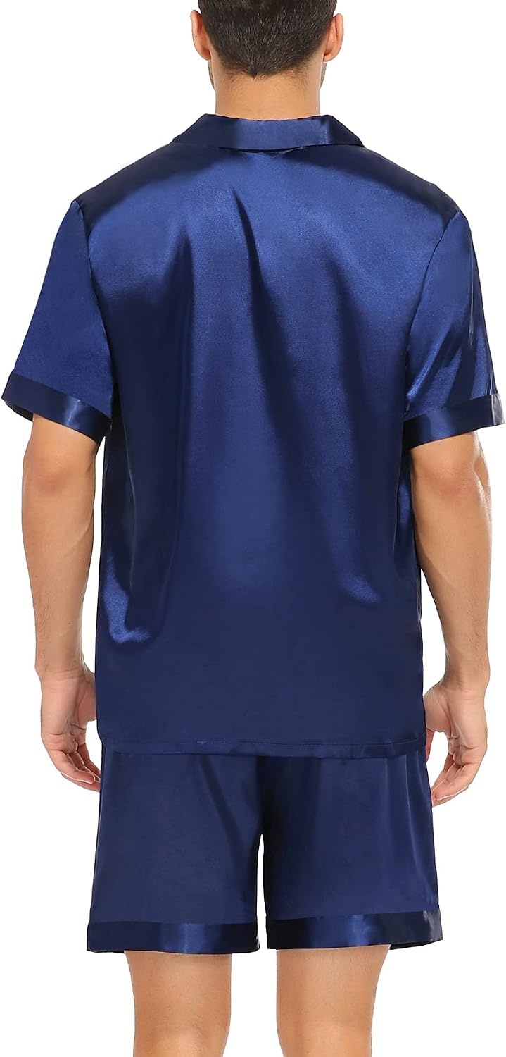 image:imageSWOMOG Couple Satin Matching Pajamas Sets Women amp Men Short Sleeve Sleepwear Silk Button Down Nightwear 2 Pieces LoungewearDark Navy Blue