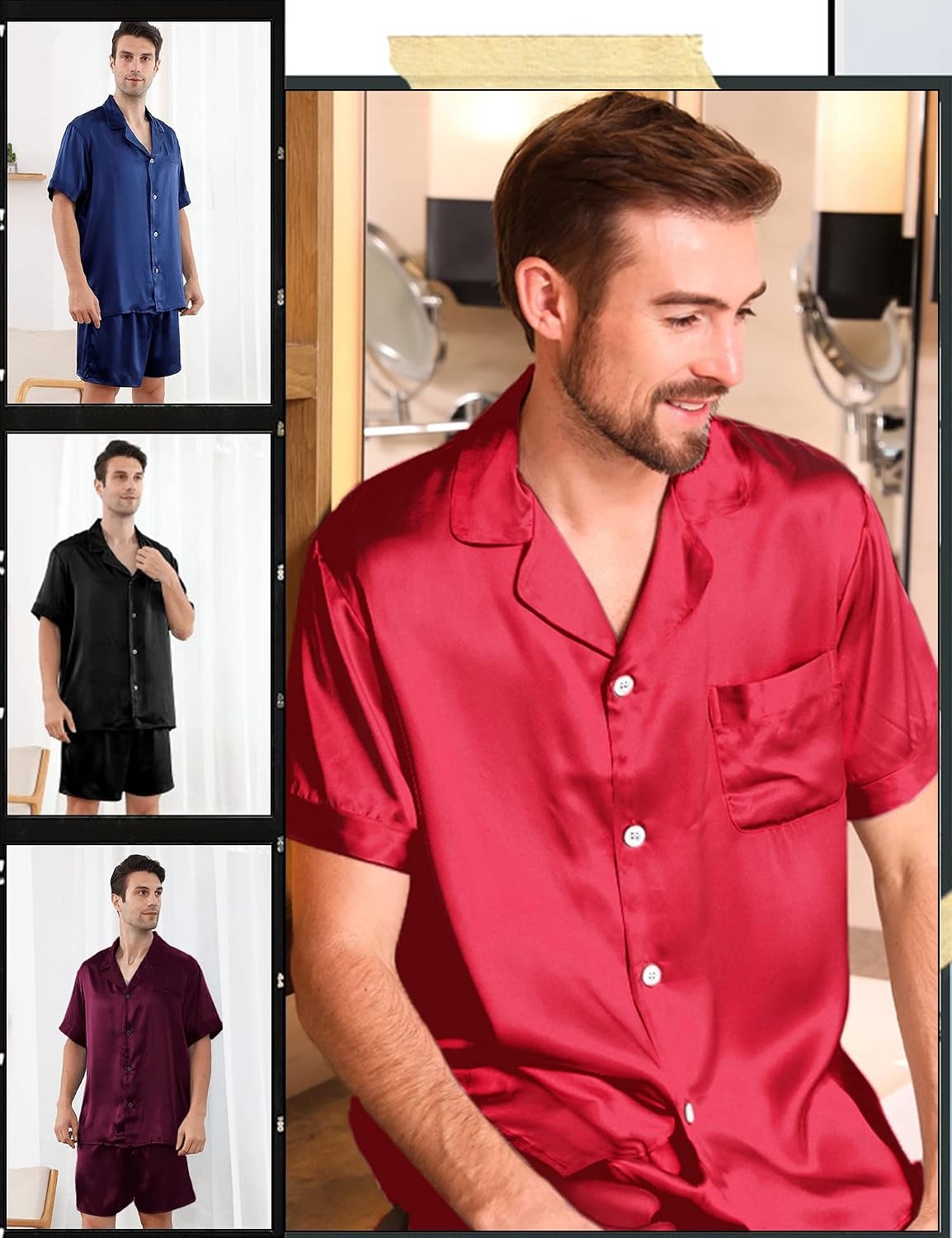 image:imageSWOMOG Couple Satin Matching Pajamas Sets Women amp Men Short Sleeve Sleepwear Silk Button Down Nightwear 2 Pieces LoungewearDark Navy Blue
