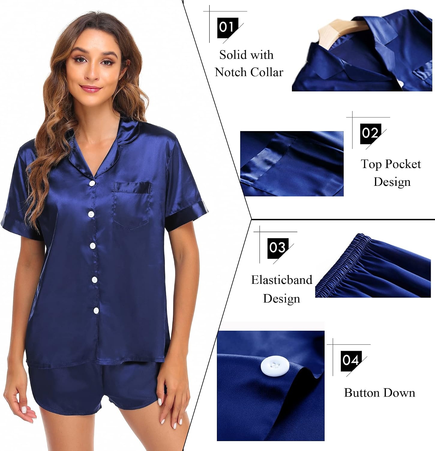 image:imageSWOMOG Couple Satin Matching Pajamas Sets Women amp Men Short Sleeve Sleepwear Silk Button Down Nightwear 2 Pieces LoungewearDark Navy Blue