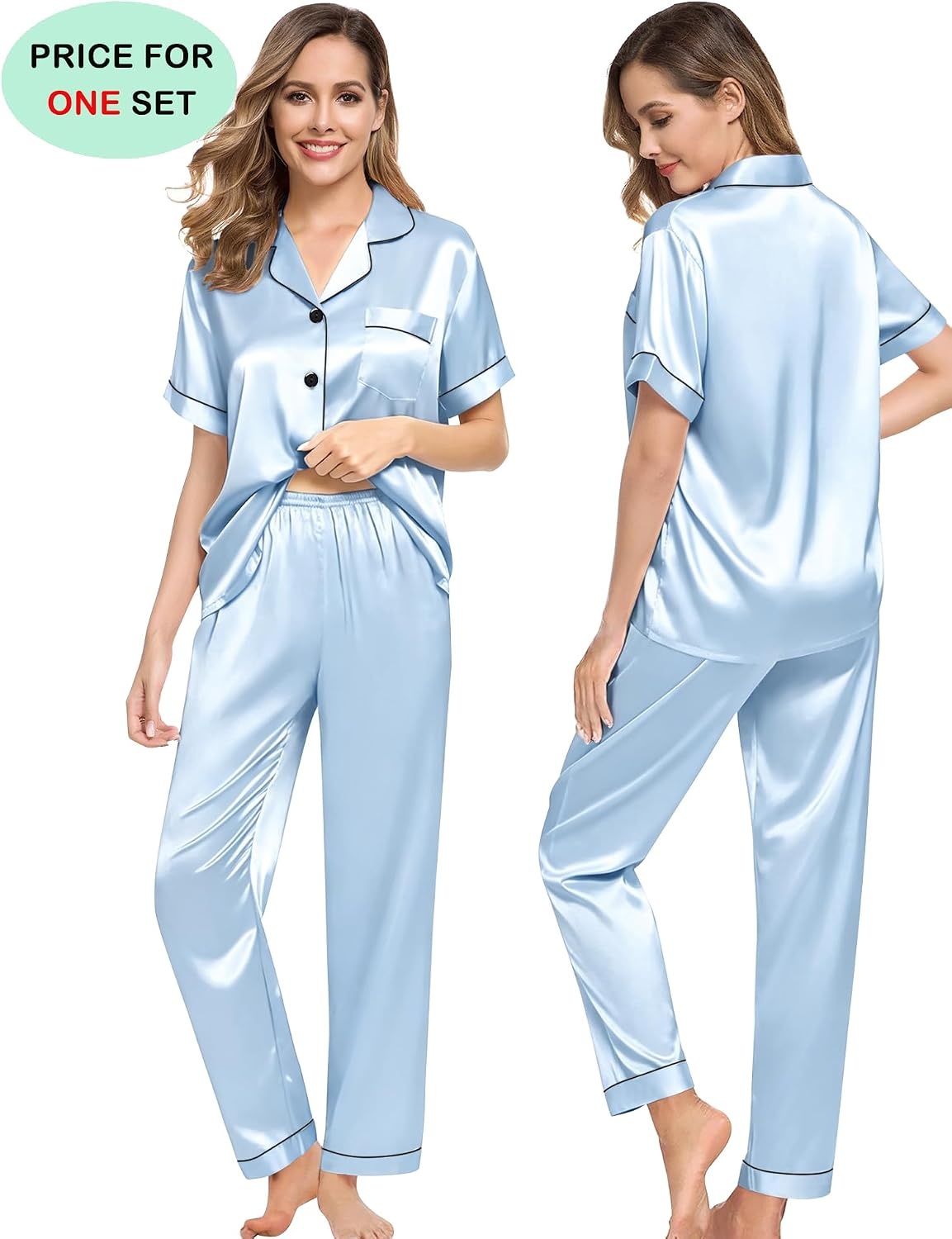 image:imageSWOMOG Couples Pajamas Sets Women amp Men Satin Short Sleeve Sleepwear Button Down Loungewear Pjs Set with Long PantsSky Blue