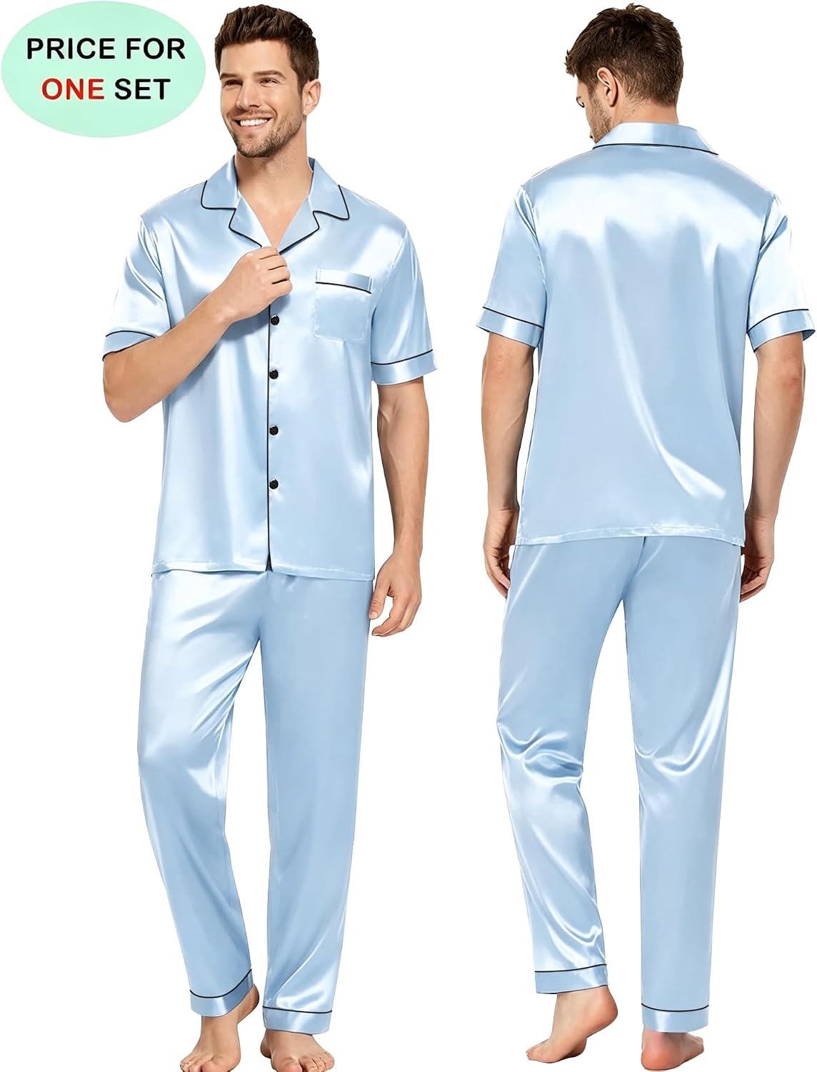image:imageSWOMOG Couples Pajamas Sets Women amp Men Satin Short Sleeve Sleepwear Button Down Loungewear Pjs Set with Long PantsSky Blue