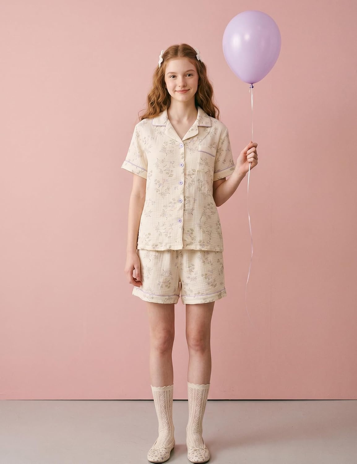 image:imageSWOMOG Cute Pajama Sets for Women 2 Piece Floral Print Short Sleeve Button Down Shirt and Shorts Summer Sleepwear LoungewearLight Purple Flower