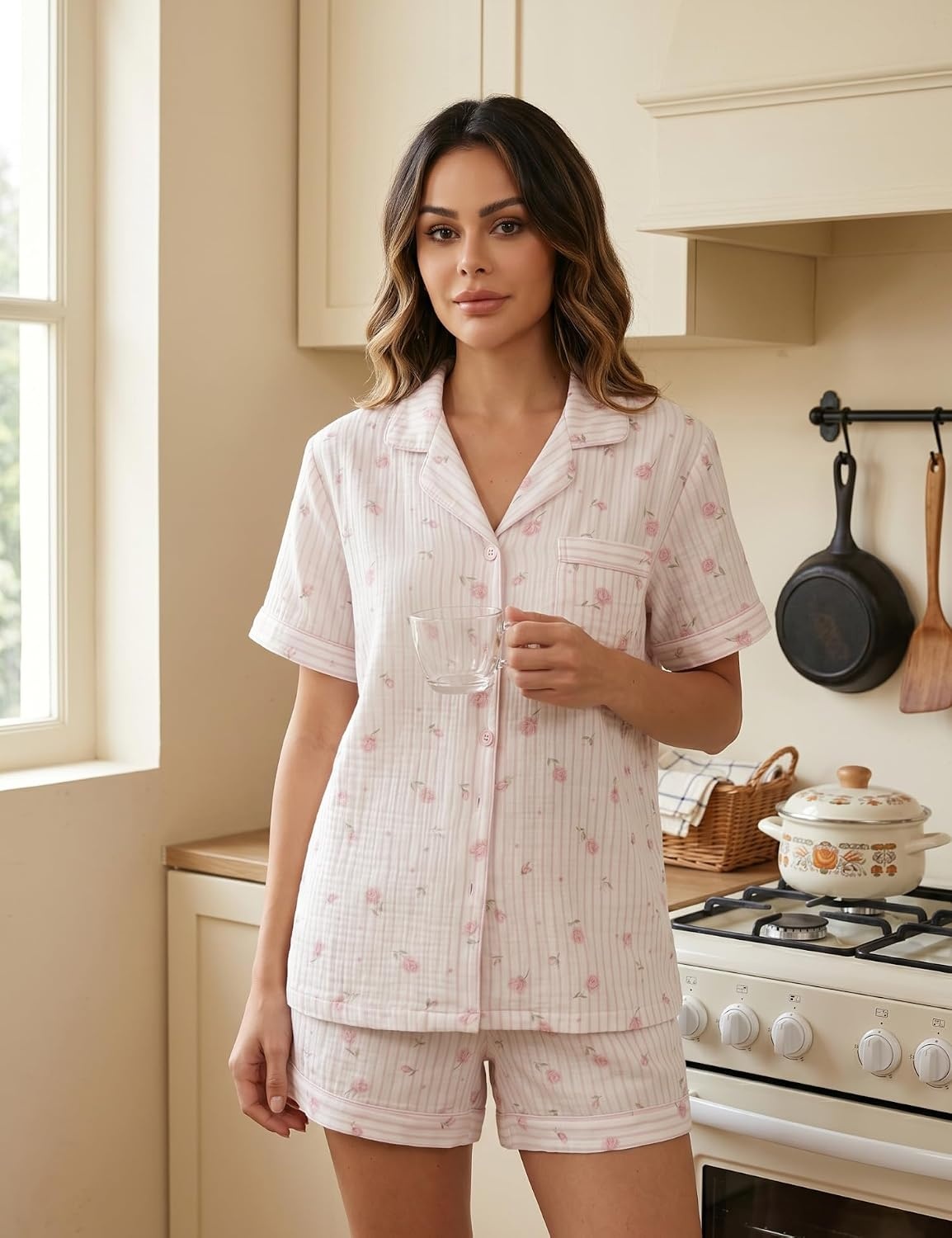 image:imageSWOMOG Cute Pajama Sets for Women 2 Piece Floral Print Short Sleeve Button Down Shirt and Shorts Summer Sleepwear LoungewearPink Stripe Rose