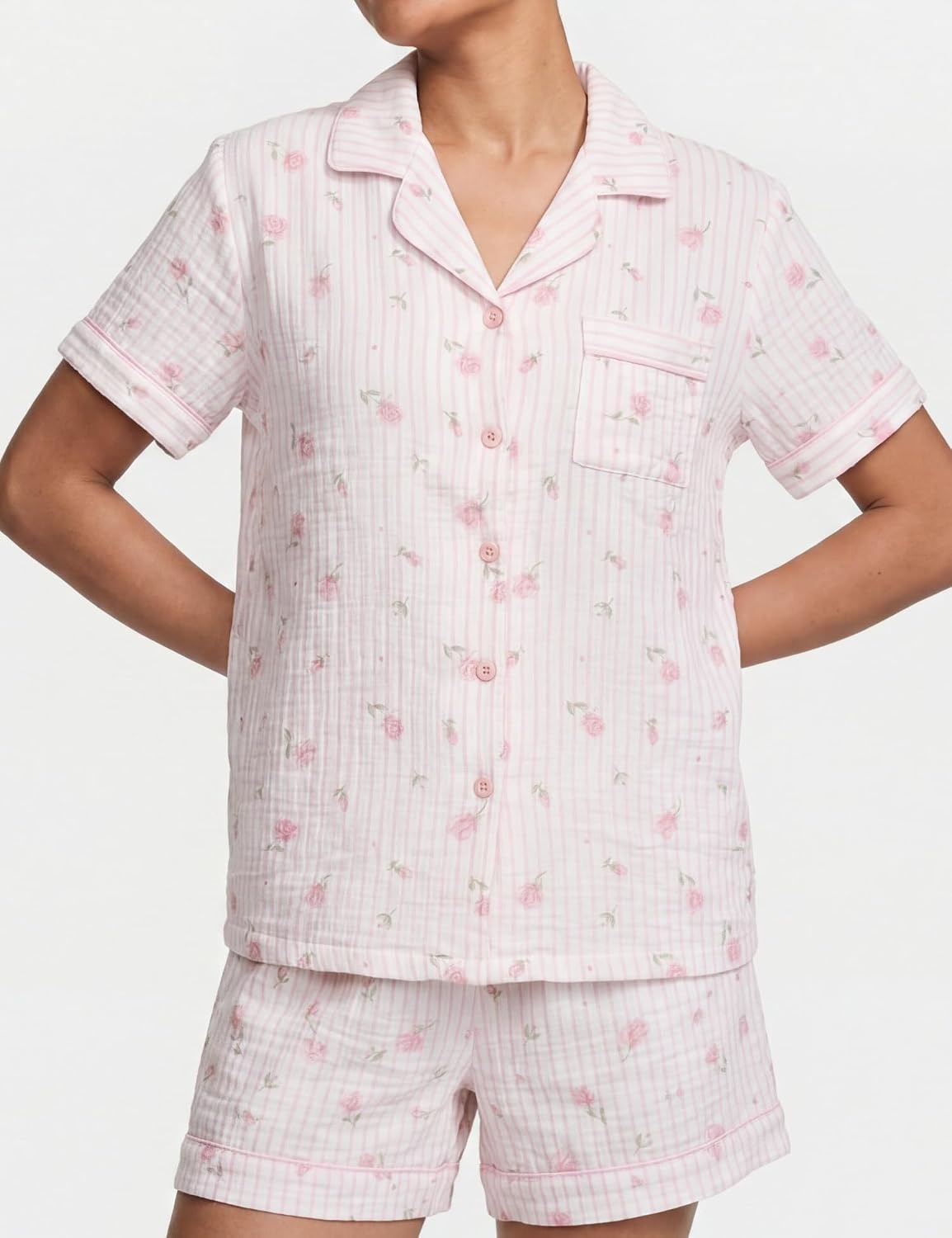 image:imageSWOMOG Cute Pajama Sets for Women 2 Piece Floral Print Short Sleeve Button Down Shirt and Shorts Summer Sleepwear LoungewearPink Stripe Rose