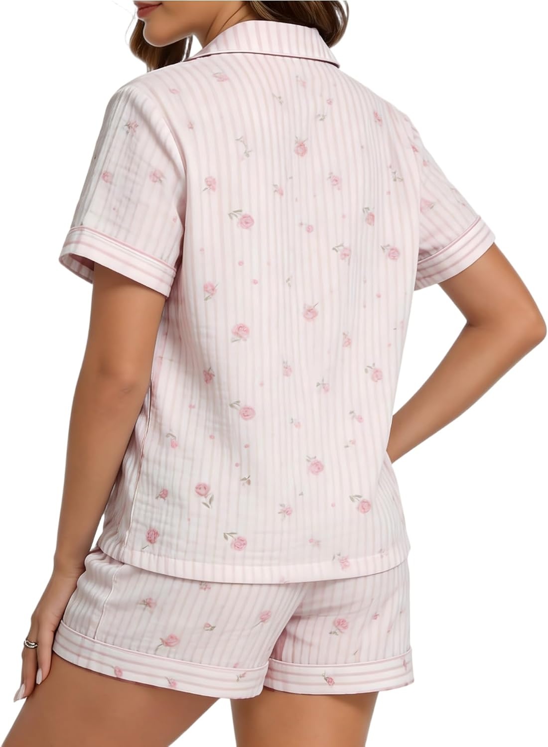 image:imageSWOMOG Cute Pajama Sets for Women 2 Piece Floral Print Short Sleeve Button Down Shirt and Shorts Summer Sleepwear LoungewearPink Stripe Rose