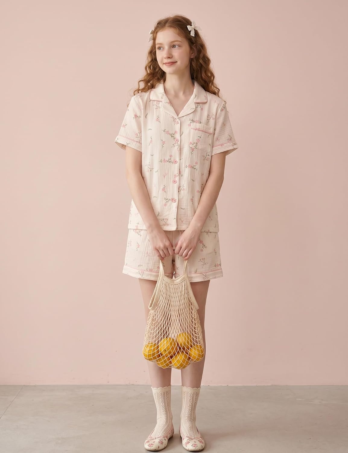 image:imageSWOMOG Cute Pajama Sets for Women 2 Piece Floral Print Short Sleeve Button Down Shirt and Shorts Summer Sleepwear LoungewearWhite Bow Floral
