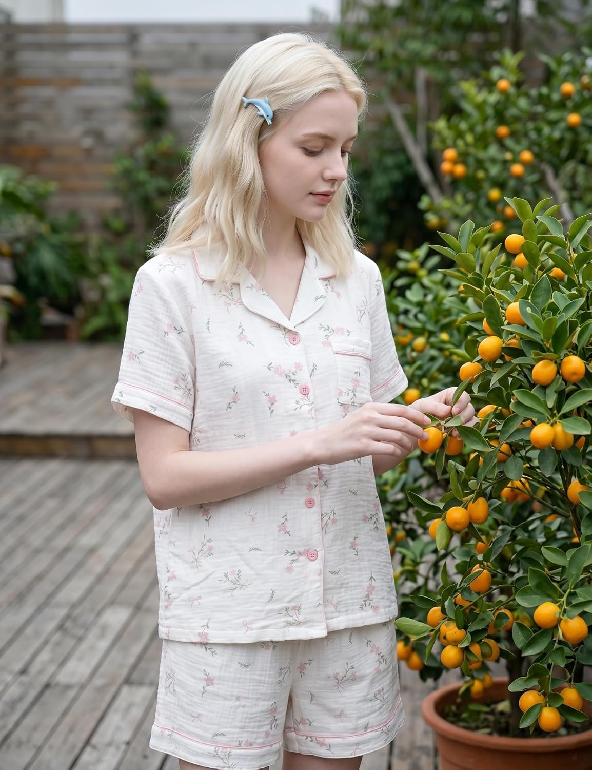 image:imageSWOMOG Cute Pajama Sets for Women 2 Piece Floral Print Short Sleeve Button Down Shirt and Shorts Summer Sleepwear LoungewearWhite Bow Floral
