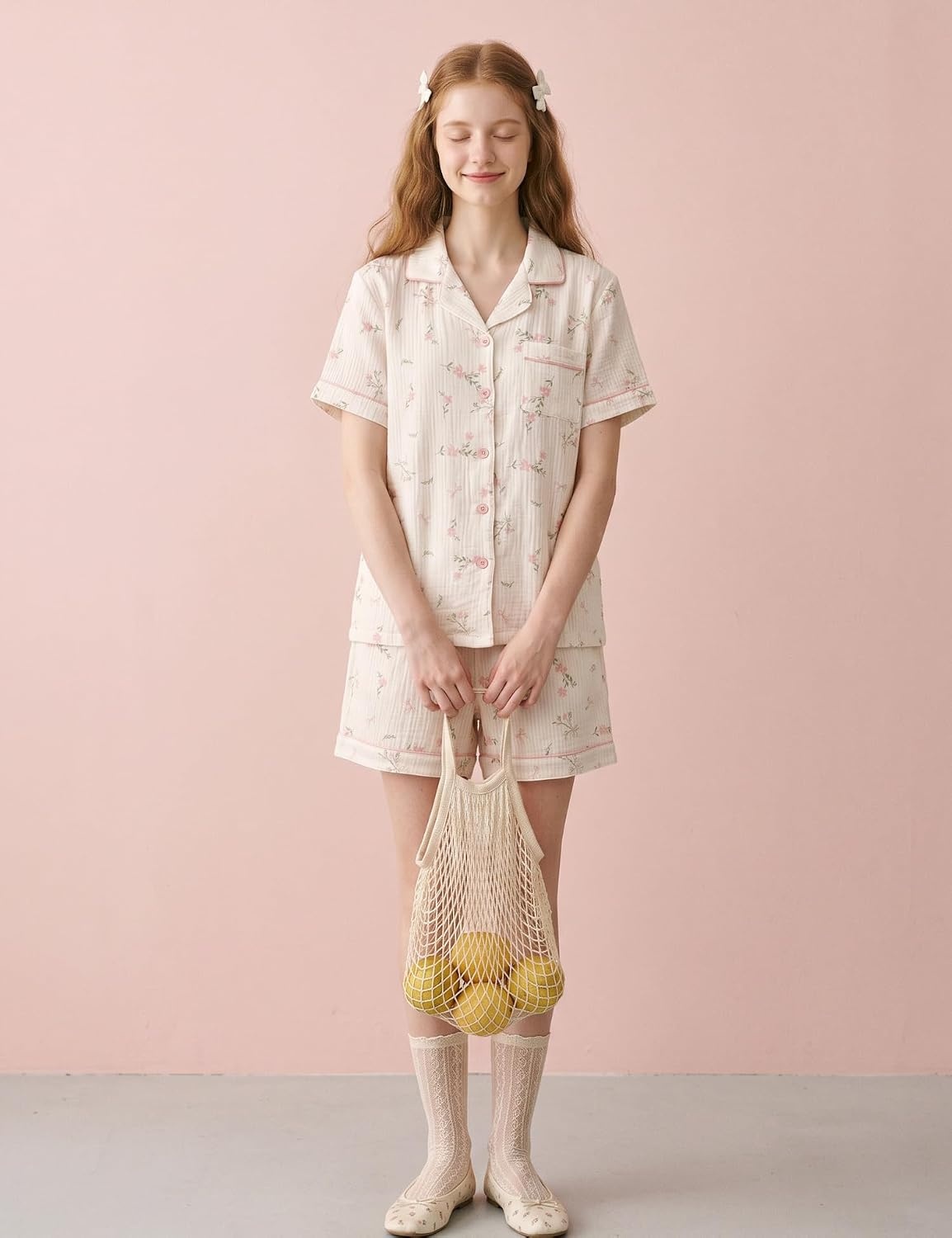 image:imageSWOMOG Cute Pajama Sets for Women 2 Piece Floral Print Short Sleeve Button Down Shirt and Shorts Summer Sleepwear LoungewearWhite Bow Floral