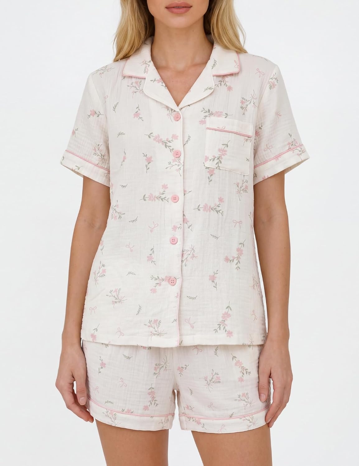 image:imageSWOMOG Cute Pajama Sets for Women 2 Piece Floral Print Short Sleeve Button Down Shirt and Shorts Summer Sleepwear LoungewearWhite Bow Floral