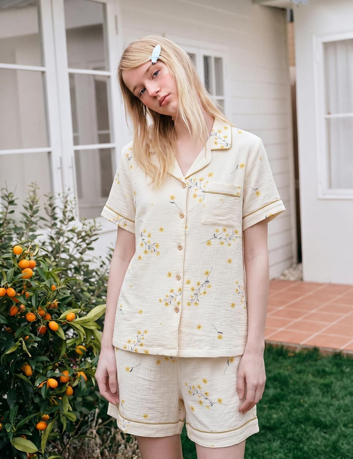 image:imageSWOMOG Cute Pajama Sets for Women 2 Piece Floral Print Short Sleeve Button Down Shirt and Shorts Summer Sleepwear LoungewearYellow Flower