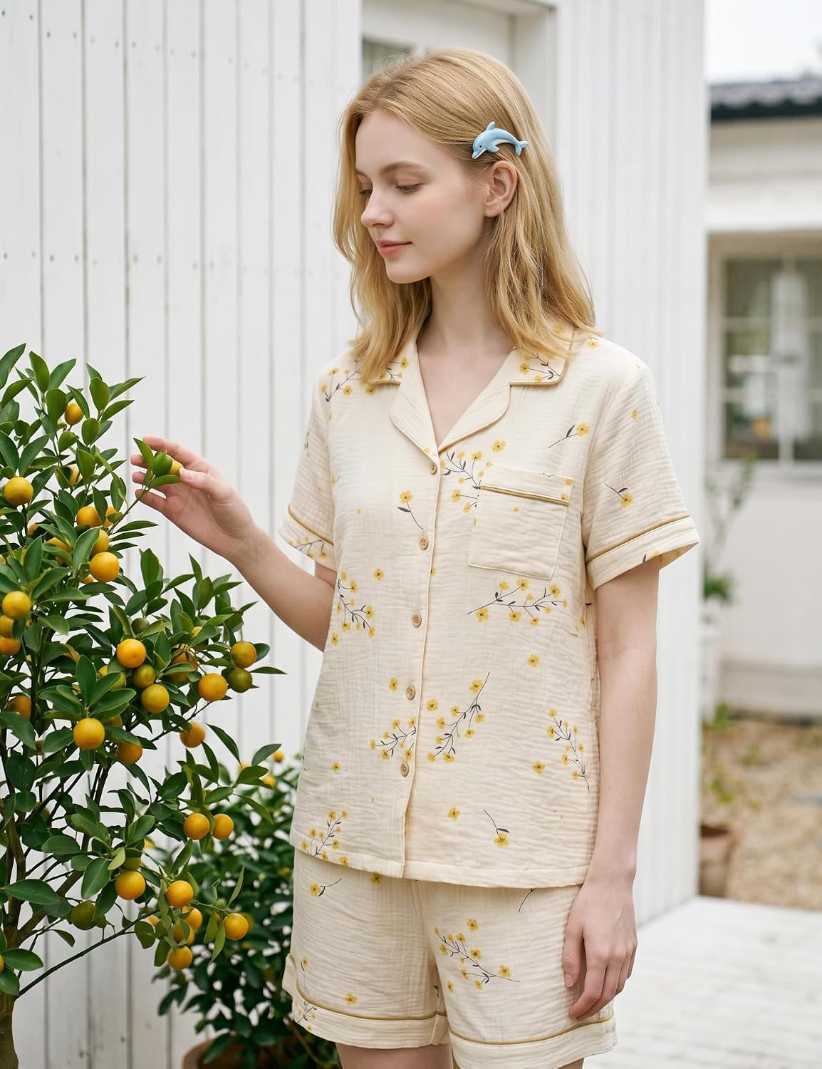image:imageSWOMOG Cute Pajama Sets for Women 2 Piece Floral Print Short Sleeve Button Down Shirt and Shorts Summer Sleepwear LoungewearYellow Flower