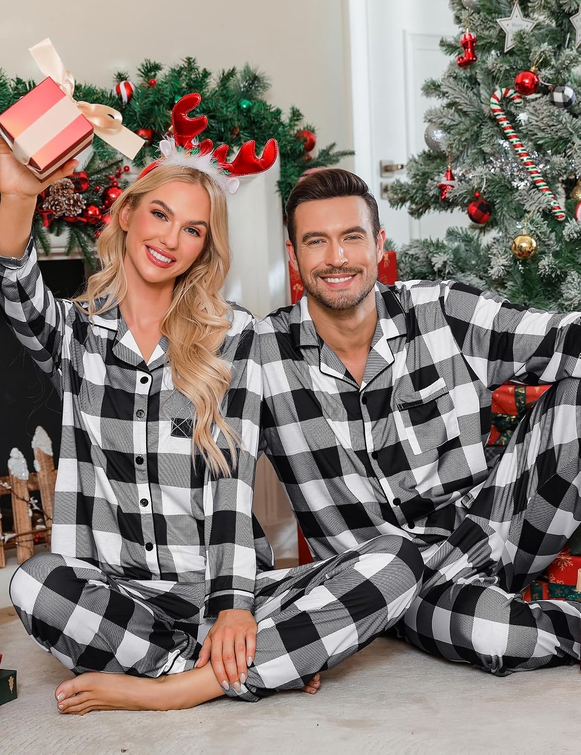 image:imageSWOMOG Family Christmas Pajamas Set Women amp Men Long Sleeve Sleepwear Party Pj Sets ButtonDown Loungewear SetBlack White Grid