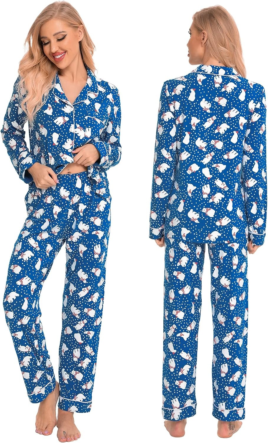 image:imageSWOMOG Family Christmas Pajamas Set Women amp Men Long Sleeve Sleepwear Party Pj Sets ButtonDown Loungewear SetBlue With Polar Bear