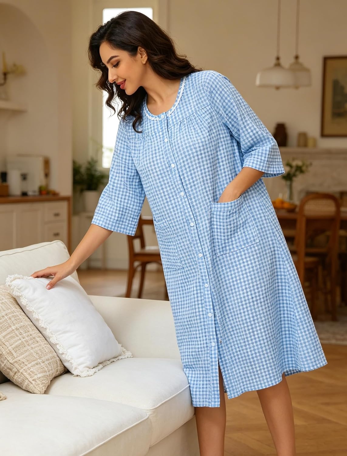image:imageSWOMOG House Dress for Women Snap Front Dusters for Women with Pockets 34 Sleeve Cotton Nightgown SXXXLPlaid Blue
