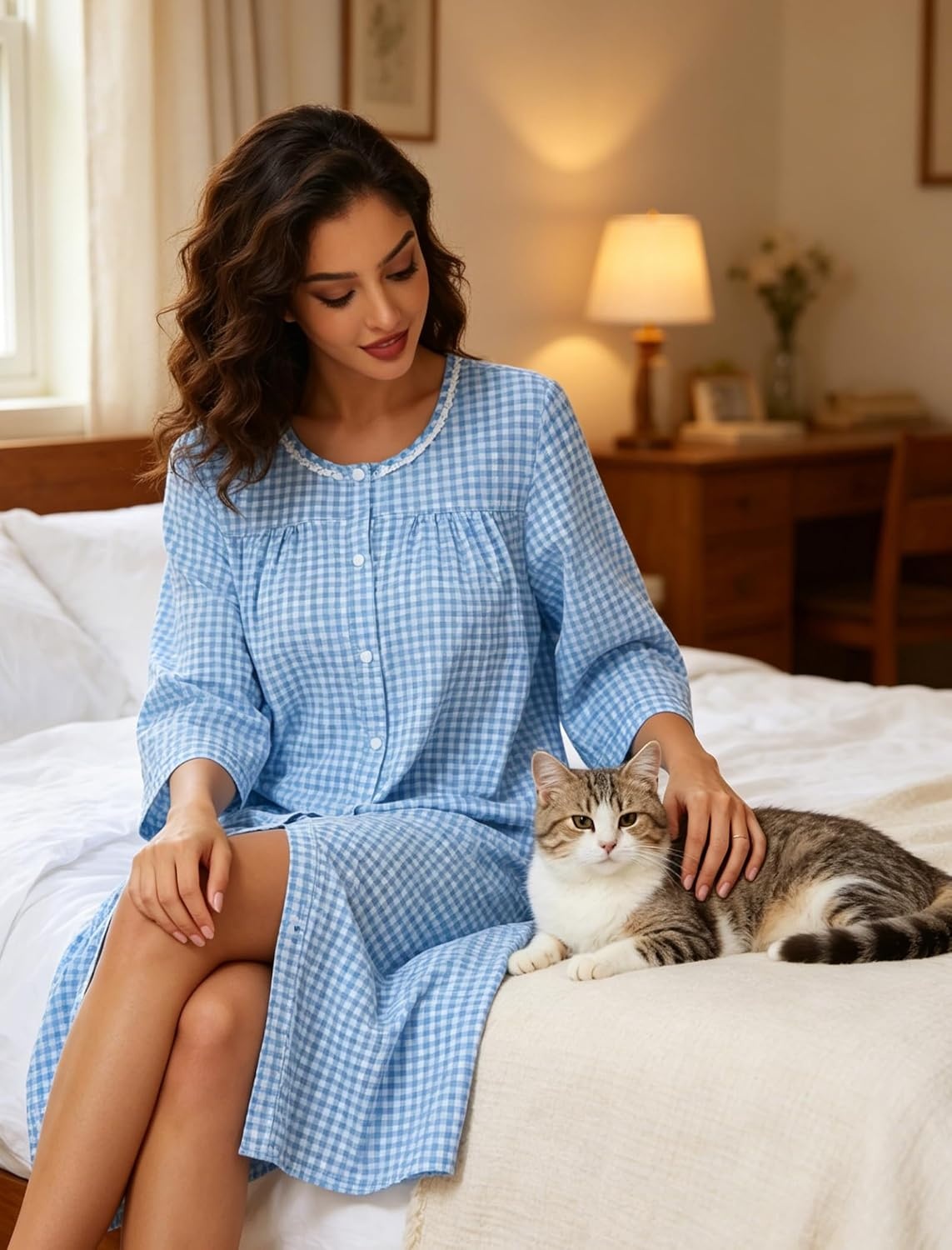 image:imageSWOMOG House Dress for Women Snap Front Dusters for Women with Pockets 34 Sleeve Cotton Nightgown SXXXLPlaid Blue