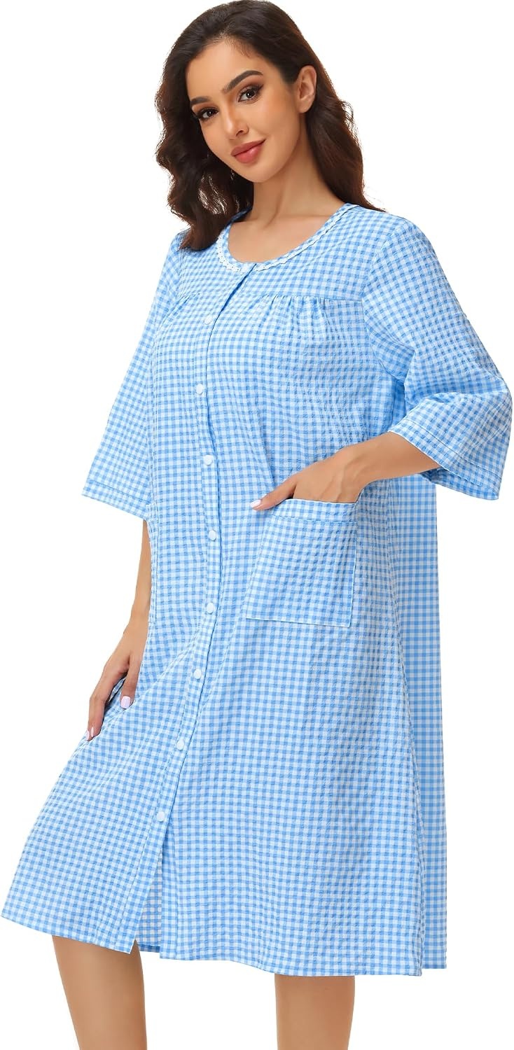 image:imageSWOMOG House Dress for Women Snap Front Dusters for Women with Pockets 34 Sleeve Cotton Nightgown SXXXLPlaid Blue