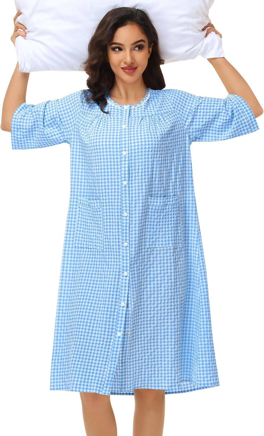 image:imageSWOMOG House Dress for Women Snap Front Dusters for Women with Pockets 34 Sleeve Cotton Nightgown SXXXLPlaid Blue
