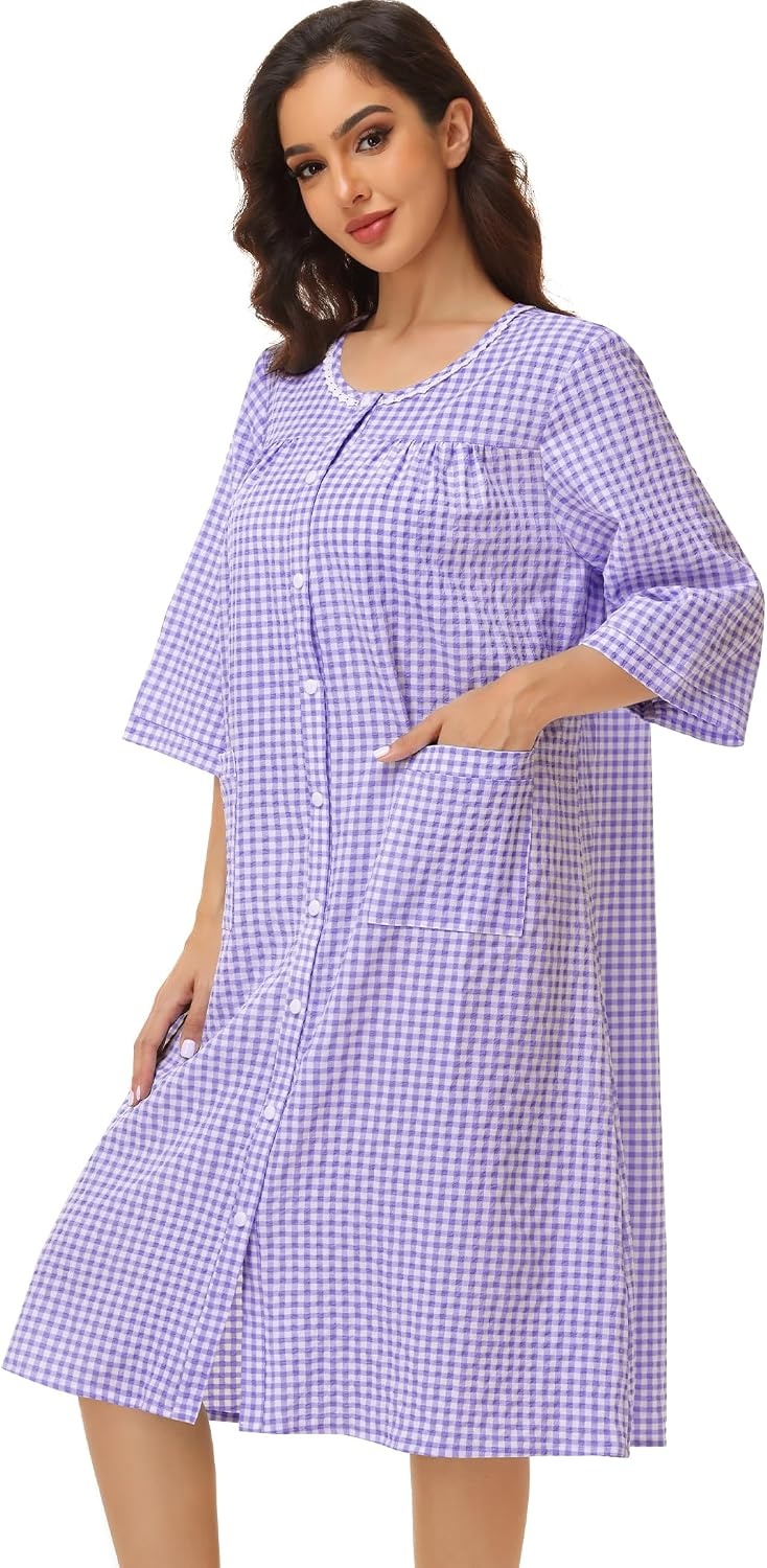 image:imageSWOMOG House Dress for Women Snap Front Dusters for Women with Pockets 34 Sleeve Cotton Nightgown SXXXLPlaid Purple