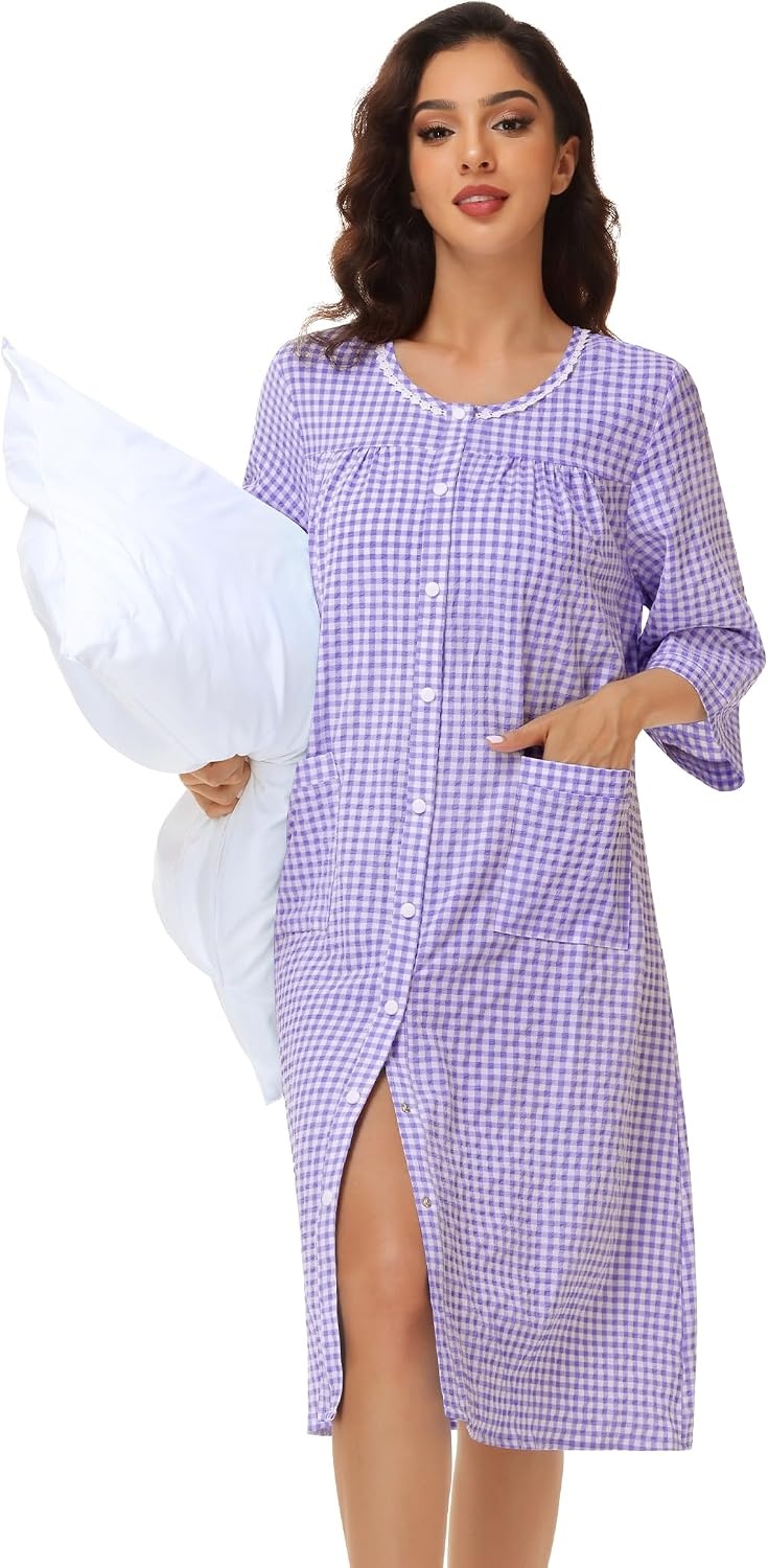 image:imageSWOMOG House Dress for Women Snap Front Dusters for Women with Pockets 34 Sleeve Cotton Nightgown SXXXLPlaid Purple