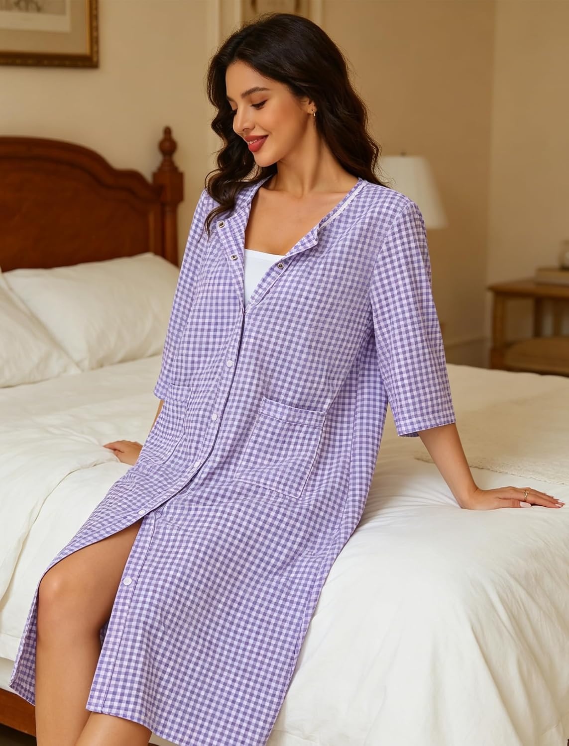 image:imageSWOMOG House Dress for Women Snap Front Dusters for Women with Pockets 34 Sleeve Cotton Nightgown SXXXLPlaid Purple