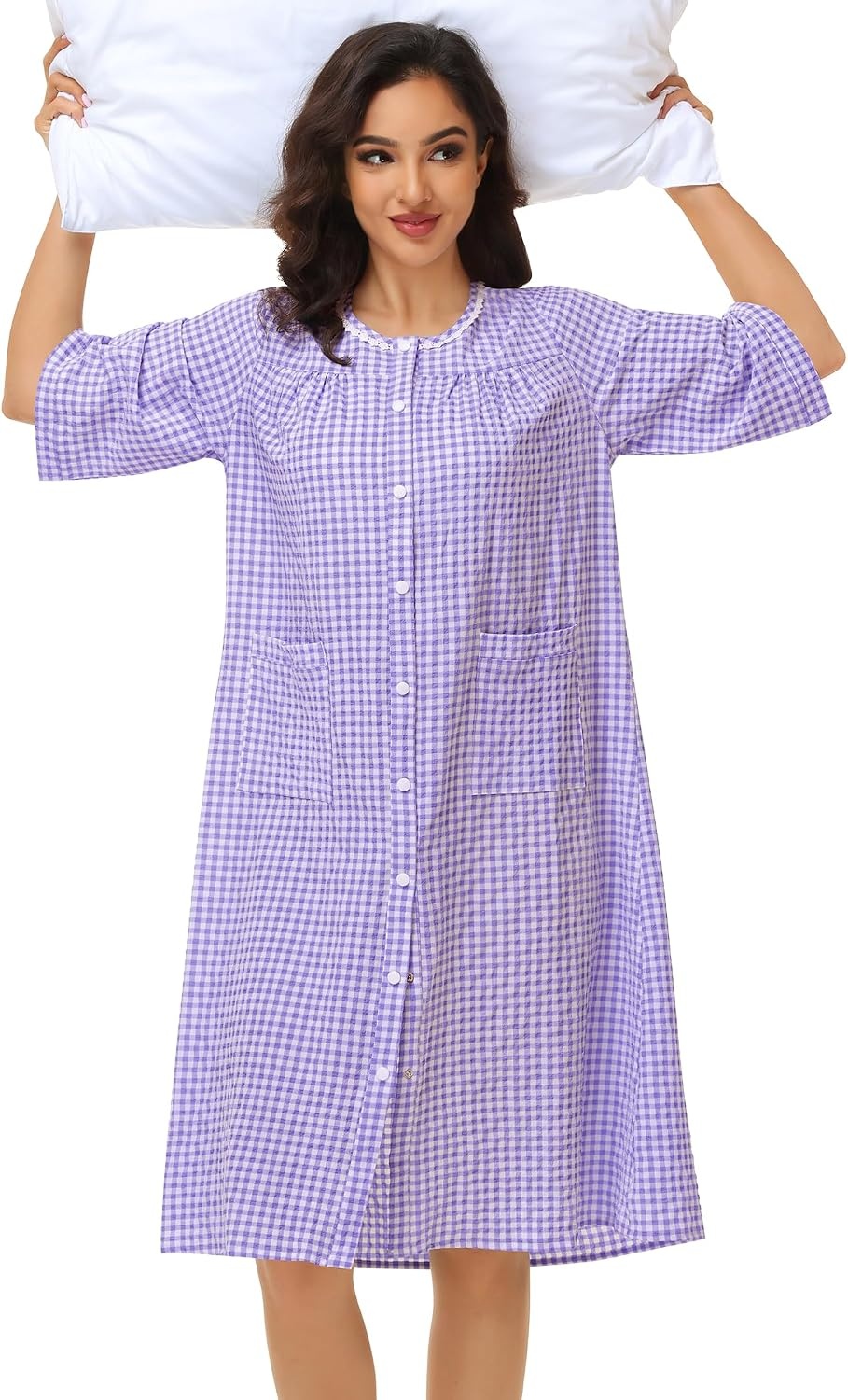 image:imageSWOMOG House Dress for Women Snap Front Dusters for Women with Pockets 34 Sleeve Cotton Nightgown SXXXLPlaid Purple