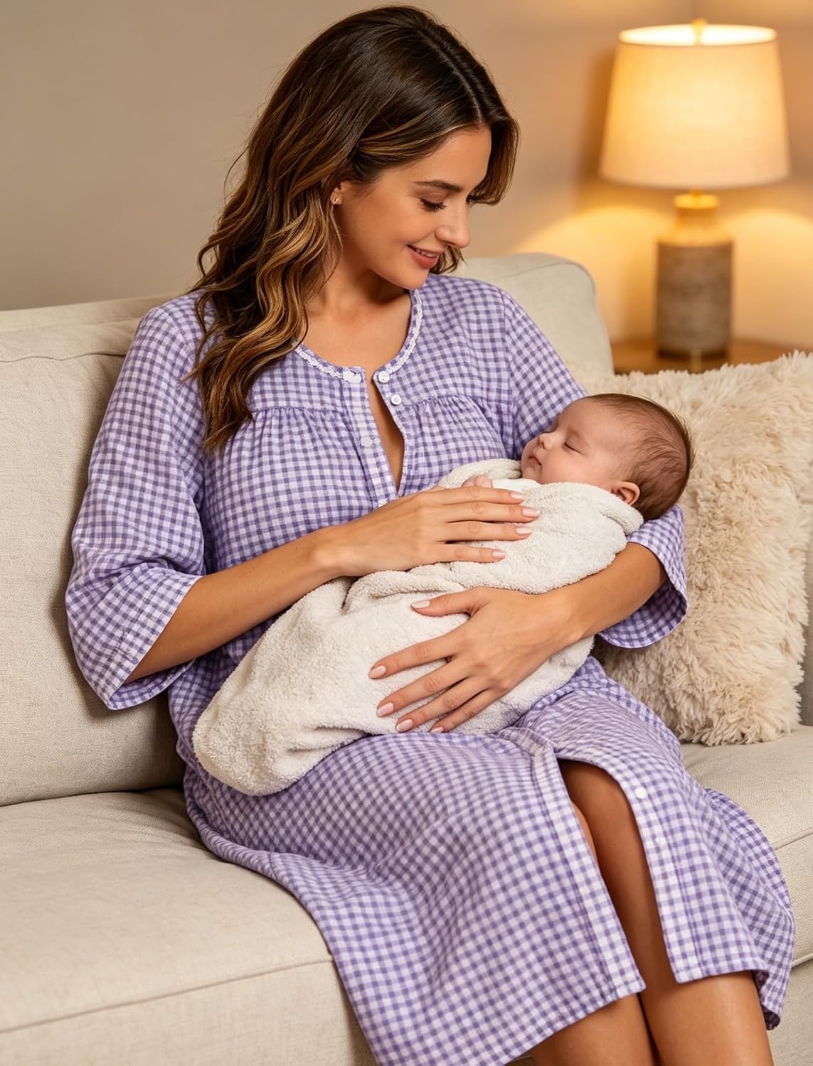 image:imageSWOMOG House Dress for Women Snap Front Dusters for Women with Pockets 34 Sleeve Cotton Nightgown SXXXLPlaid Purple