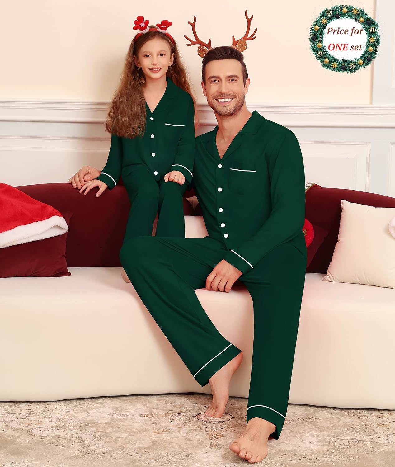 image:imageSWOMOG Matching Couple Christmas Pajamas Set Modal Long Sleeve ButtonDown Sleepwear Family Festival Party Xmas PJs Sets MenWomen Green Large