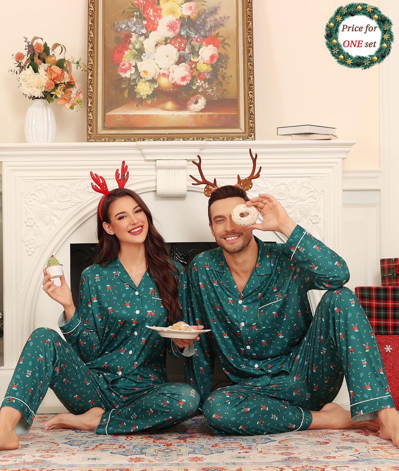 image:imageSWOMOG Matching Couple Christmas Pajamas Set Modal Long Sleeve ButtonDown Sleepwear Family Festival Party Xmas PJs Sets WomenMen Green Christmas Elk Small