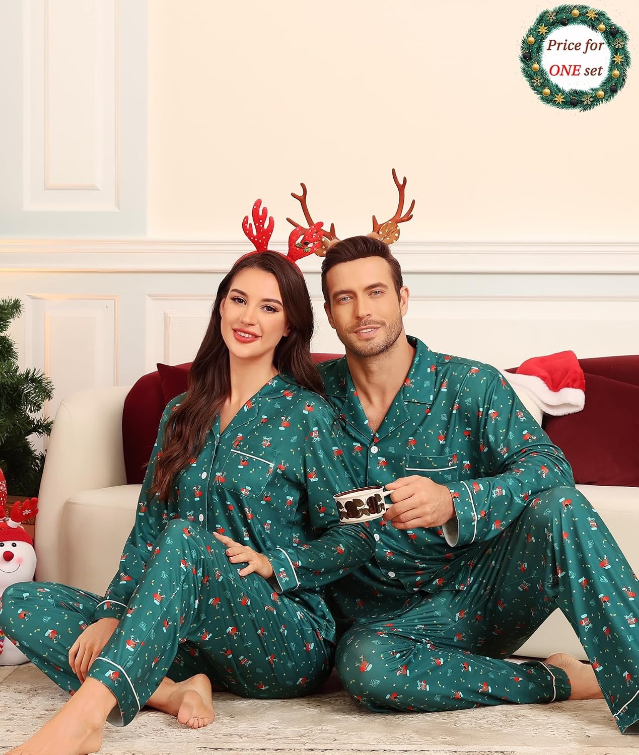 image:imageSWOMOG Matching Couple Christmas Pajamas Set Modal Long Sleeve ButtonDown Sleepwear Family Festival Party Xmas PJs Sets WomenMen Green Christmas Elk Small